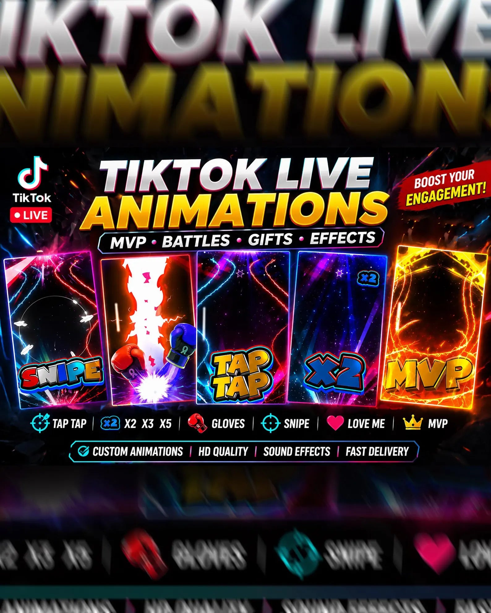 Digital productTikTok Live Animations Pack | MVP, Tap Tap, X2, X3, Gloves, Snipe Effects | Stream Overlays